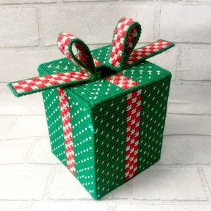 Vintage Plastic Canvas tissue holder in the shape of a Christmas present